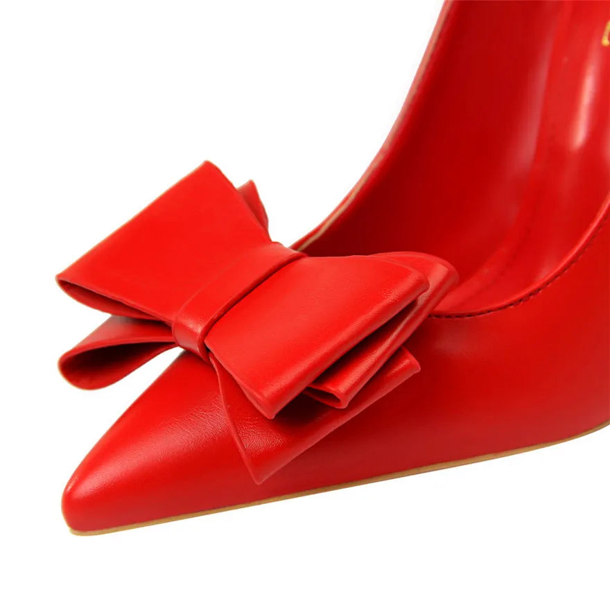 BIGTREE Red Blue Black Shoes Bowknot Sweet Woman Pumps Soft Leather Pointy Toe Women High Heels Stiletto Dress Office Lady Shoes