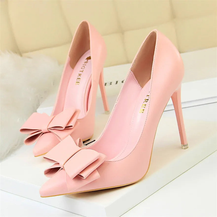 BIGTREE Red Blue Black Shoes Bowknot Sweet Woman Pumps Soft Leather Pointy Toe Women High Heels Stiletto Dress Office Lady Shoes