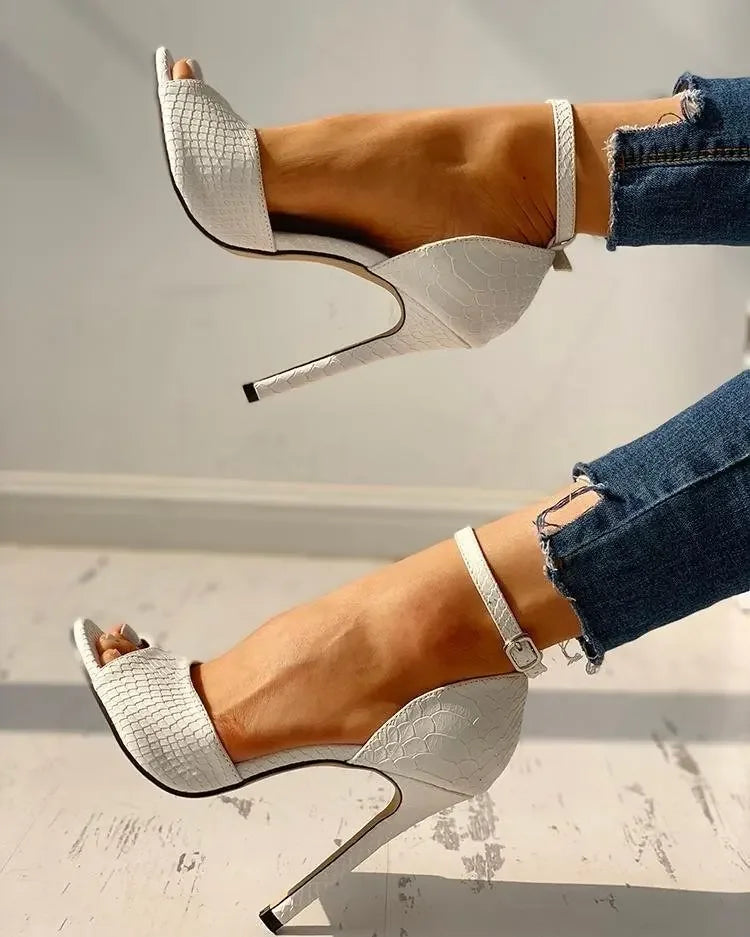 White Dress Wedding Shoes Women Ankle Strap Peep Toe High Heel Sandals Sexy Super High Heels Buckle Snake Pattern Woman Pumps