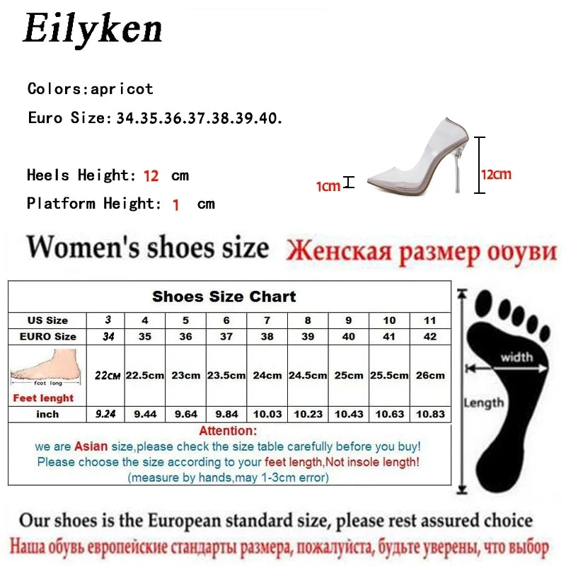 Eilyken Clear PVC Transparent Womens Pumps Stripper Perspex Stilettos High Heels Point Toes Party Nightclub Silver Shoes