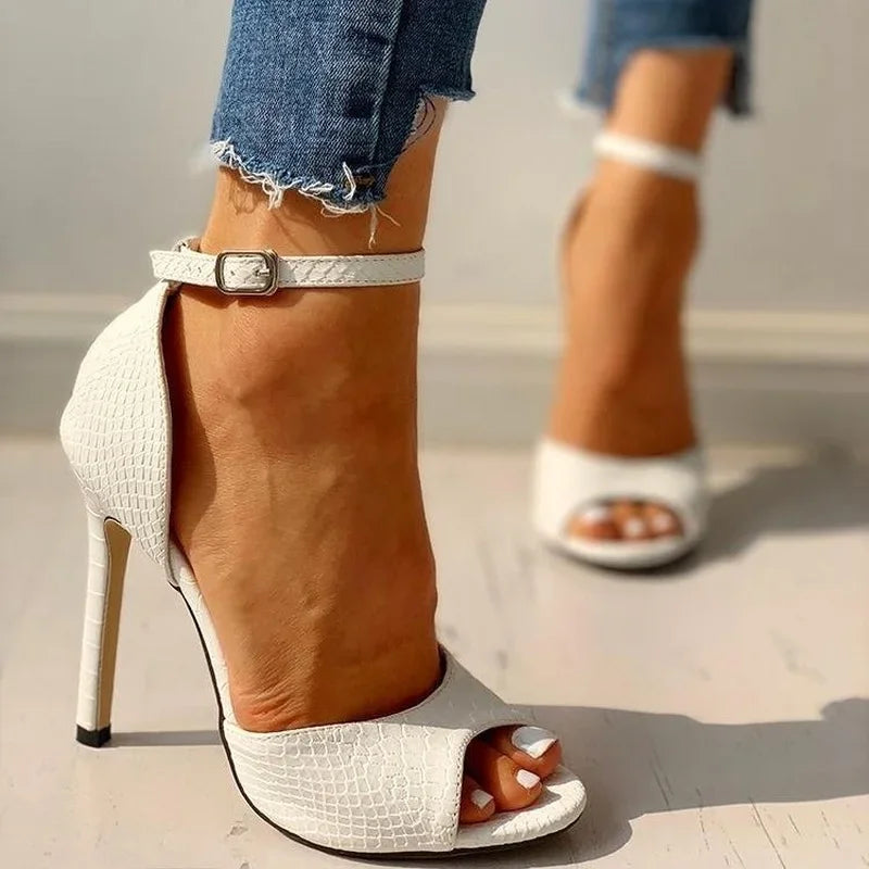 White Dress Wedding Shoes Women Ankle Strap Peep Toe High Heel Sandals Sexy Super High Heels Buckle Snake Pattern Woman Pumps