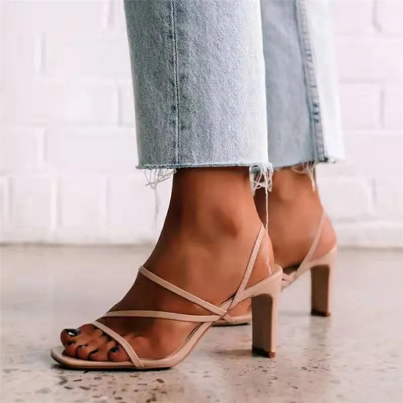 2023 Summer Fashion Orange Ankle Cross Strap Women Sandals Sexy Lace Up Square Toe Female High Heels Party Shoes Heels Women