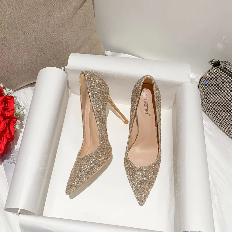 Fashion High Heels Women Sequins Thin Stiletto Banquet Wedding Shoes 2024 New Autumn /Winter Sexy Pointed Toe Ladies Party Shoes