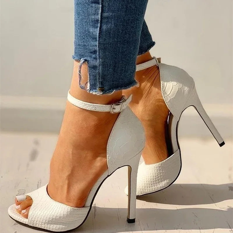 White Dress Wedding Shoes Women Ankle Strap Peep Toe High Heel Sandals Sexy Super High Heels Buckle Snake Pattern Woman Pumps